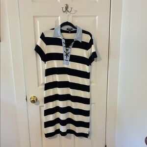 Chaps Navy and White Striped Dress
